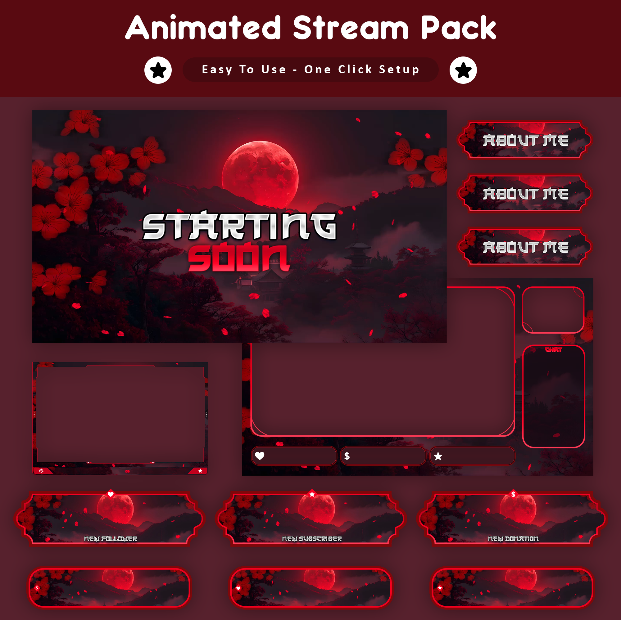 Red Moon Sakura Stream Overlay I Twitch Overlay animated stream pack facecam frame gaming overlay just chatting overlay kick overlay live stream design live stream overlay obs overlay starting soon screen stream package stream panels stream screens streaming graphics streamlabs overlay twitch alerts twitch overlay twitch stream pack vectorkingstudio vtuber overlay youtube overlay