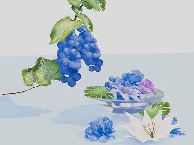 Blue flowers and grapes 3dart blender blender3d blenderrender blue deep paint deeppaint eevee flower grape watercolor