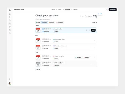Check your sessions - Gleanbase accept approve calendar cancelled cards filters join list participants sessions users