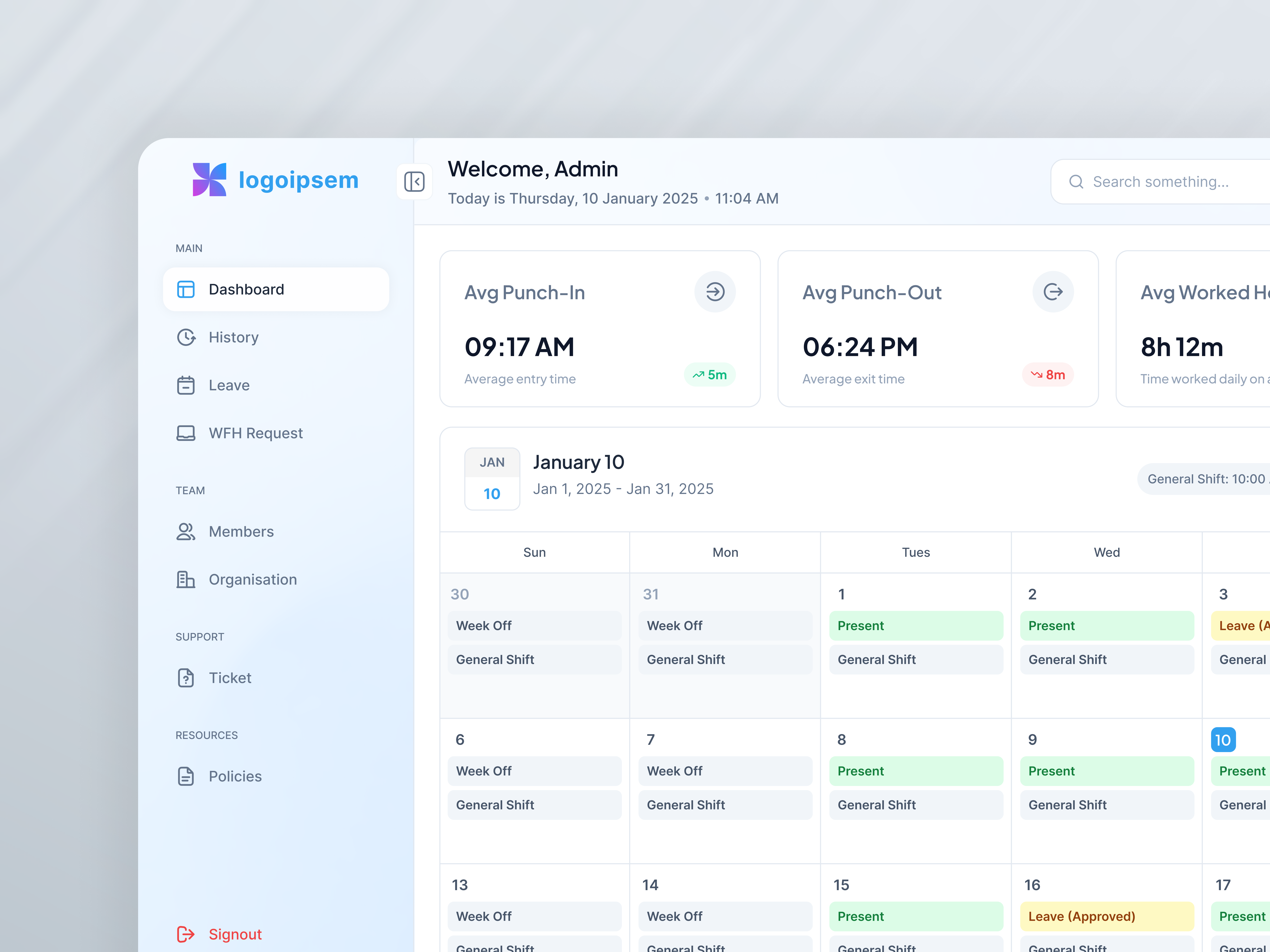 Employee Management Dashboard analyticsdashboard attendance attendancetracking cleanui dashboarddesign employeemanagement figmadesign hrdashboard lighttheme minimaldesign modernui productdesign saasdashboard uidesign uxdesign webapp workforcemanagement