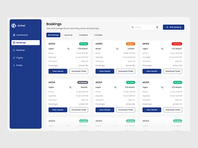 AirNet Bookings Web Page add air airplane booked bookings card dashbaord delayed download filter in time money new plane scheduled search ticket ui web design