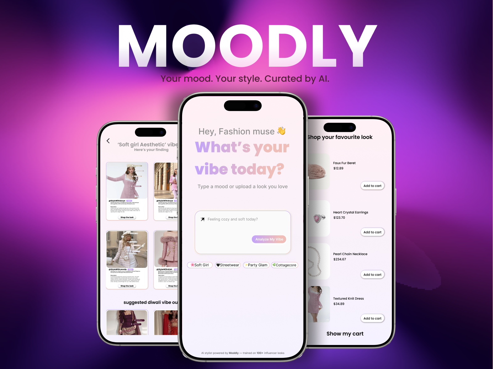 MOODLY - AI styling platform with influencer inspiration 3d ai appdesign branding dailyuichallenge fashionaiapp fashionapp graphic design illustration ios iosapp iosappdesign ui uiux