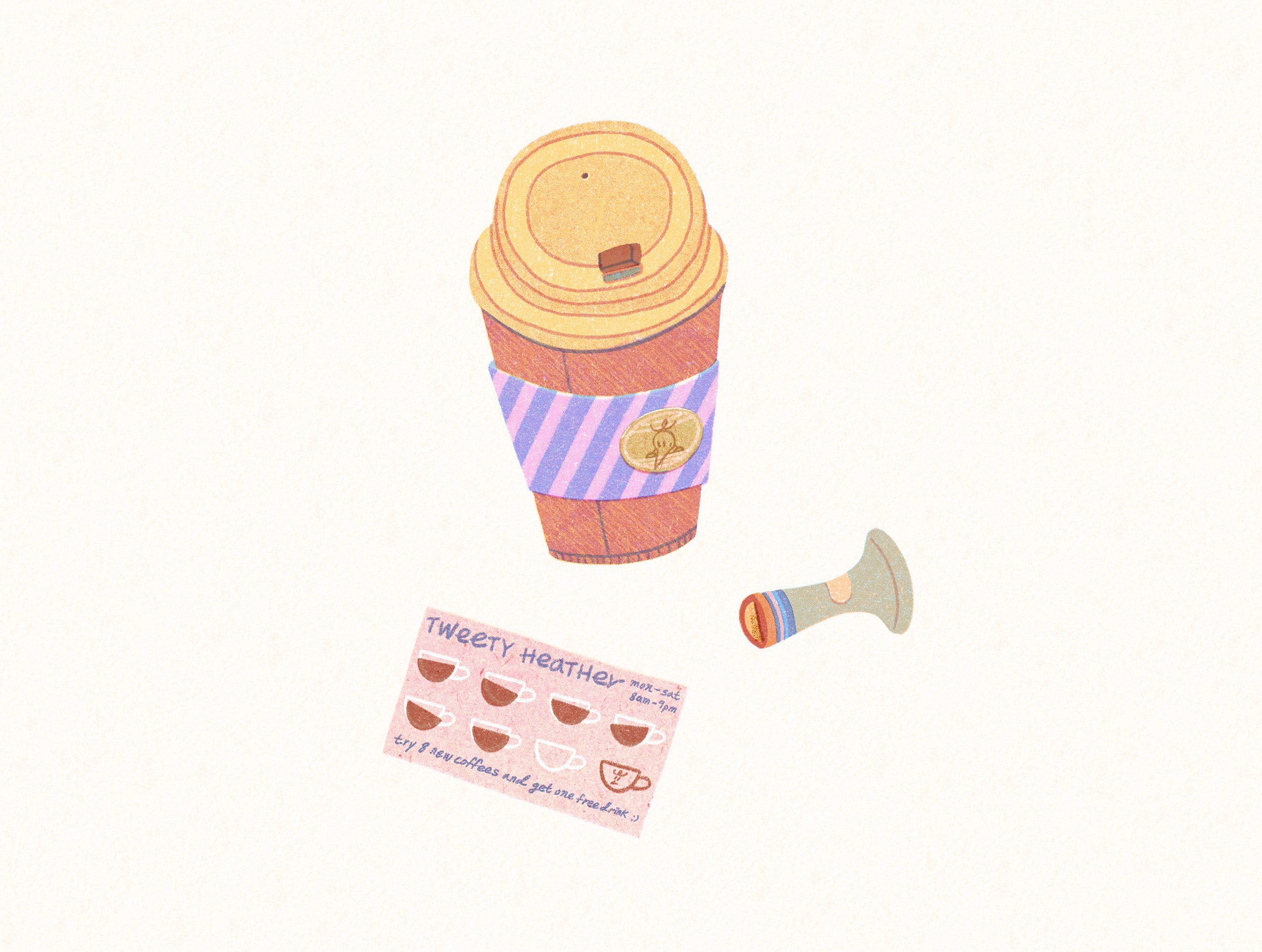 try 8 new coffees and get one free drink art artwork cafe childrensart coffee coupon design illust illustration ipad kidlitillustration logo pattern peachtober25 photoshop spots stamp stripes tweetyheather