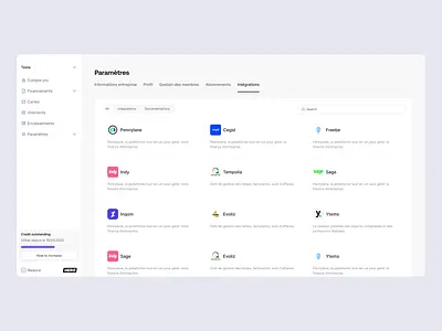 Integrations settings page - Connection to Accounting Platforms accounting connect connection connexion desktop fintech integration integrations manage neobank product design settings tool ui ux