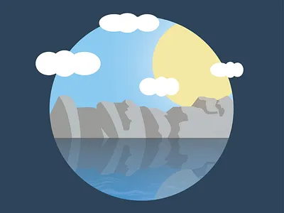 Serene Mountain Lake Illustration blue palette calm atmosphere circular illustration digital illustration flat design geometric shapes landscape minimalist modern art mountain lake nature