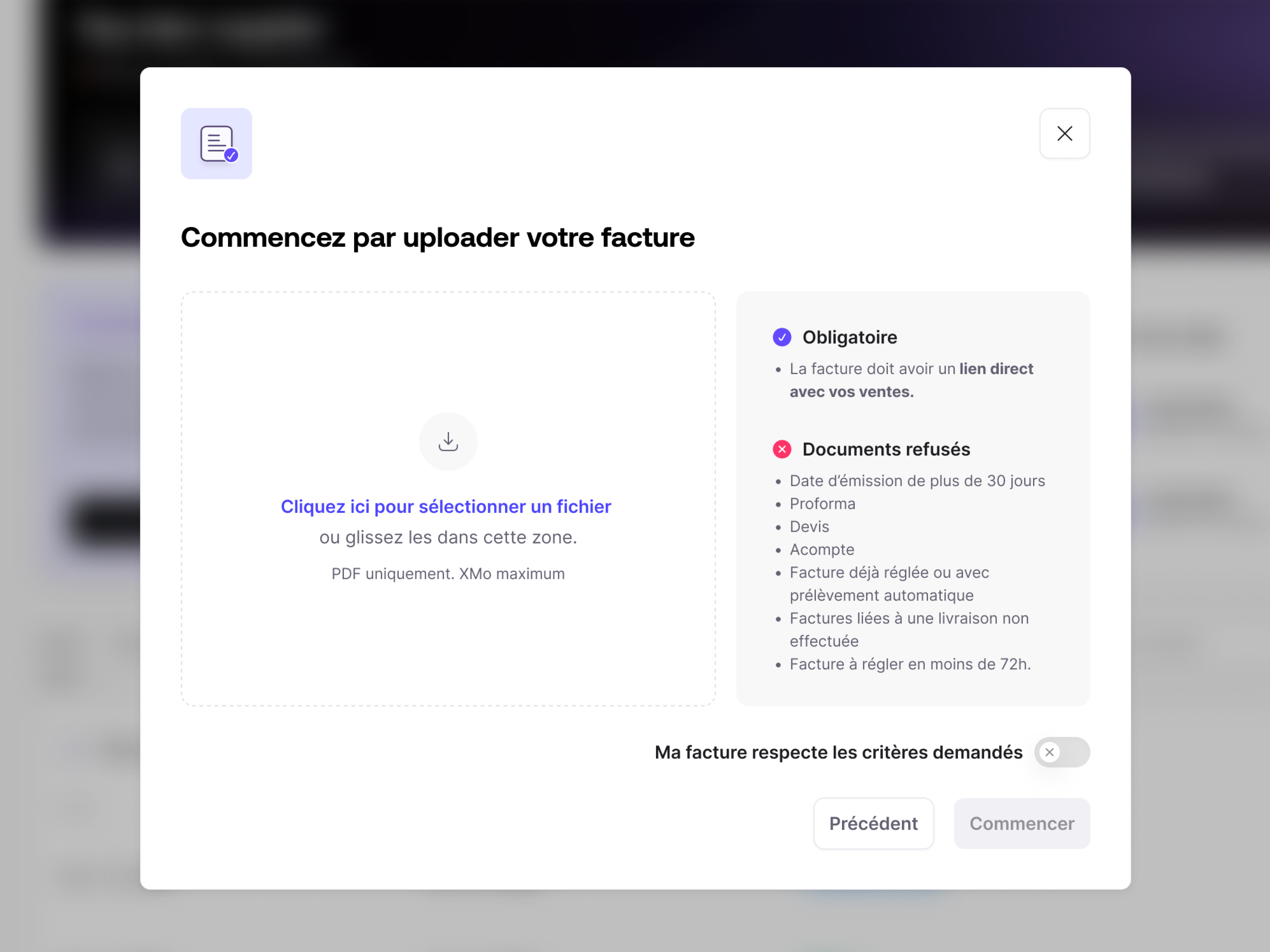 Invoice Import Modal – File Requirements bank desktop file fileupload fintech import invoice list modal neobank requirements ui upload ux validation