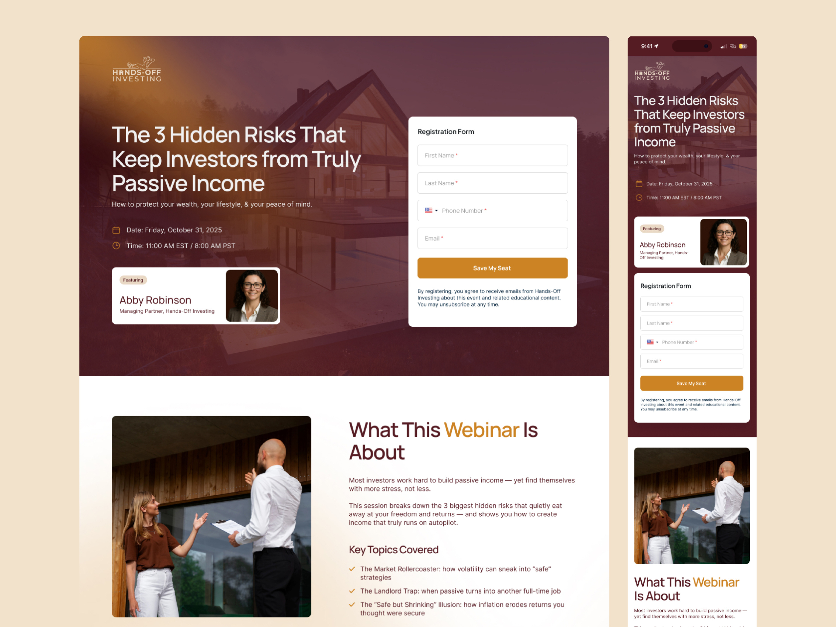 Hands-Off Investing — Clean & Responsive Landing Page designinspiration financialwebinar financialwebsite fintechdesign graphic design homepage investingapp landingpage leadgeneration marketingwebsite minimaldesign motion graphics productdesign responsive uidesign uiux uxdesign webdesign webinardesign websitedesign