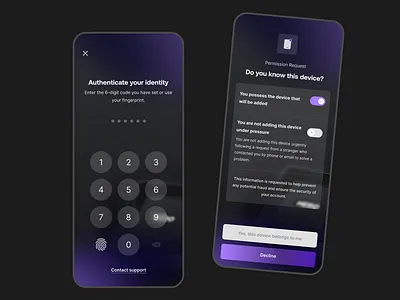 Confirm New Device – Secure Login Flow 6 digit app auth authentification autorisation banking confirm finetech fintech login mobile neobank new device permission request pin security ui ux