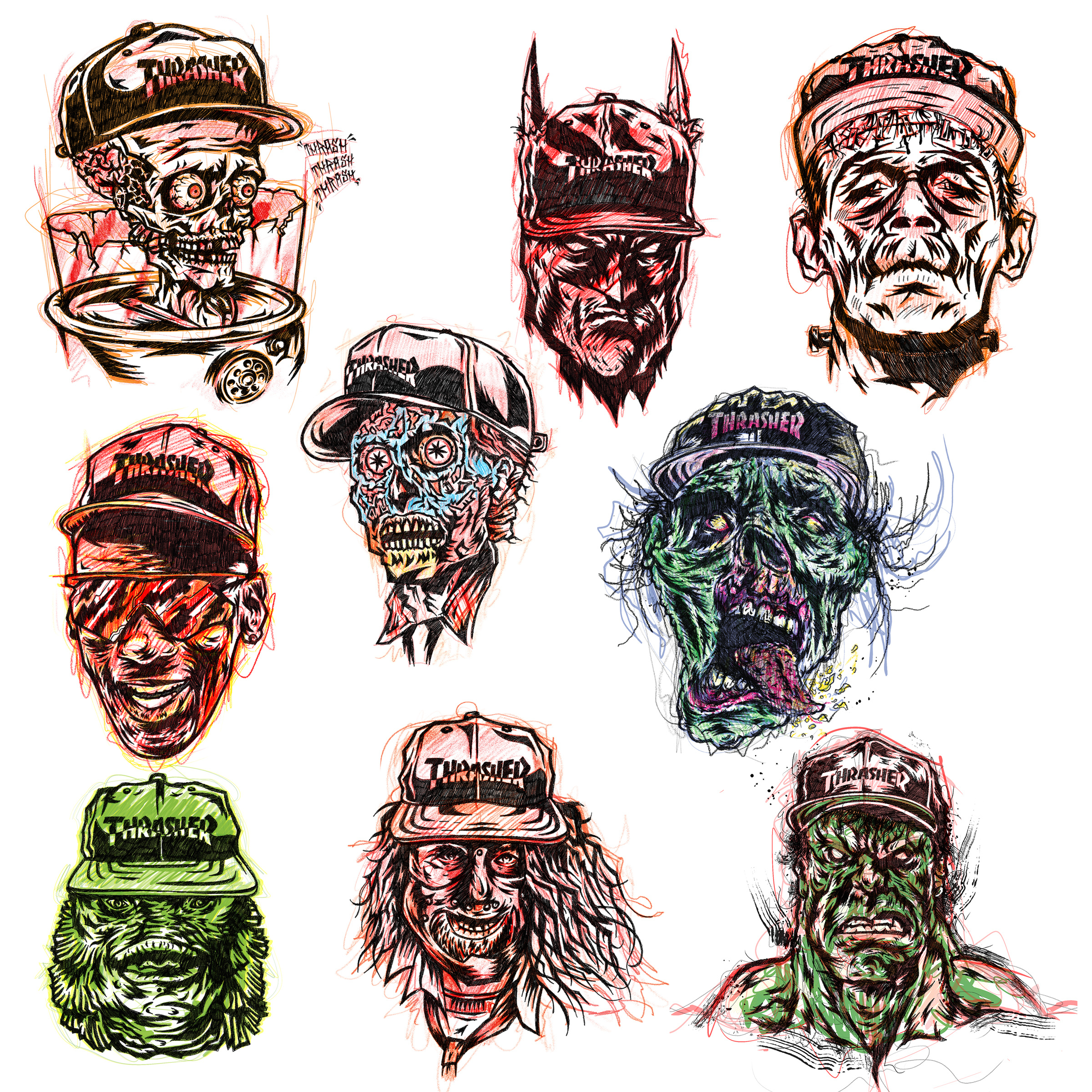 Thrashed batman creature from black lagoon frankenstein hulk illustration mankind michael jordan pencil sketch portraits they live thrasher thrasher magazine zombie