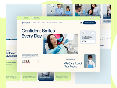SmileCraft – Modern Dental Clinic Website Design - Medical UI clinicgrowth dental dental clinic website dental site dentalmarketing dentist appointment dentist profile dentist website doctor appointment doctor website figma website healthcare healthcare figma healthcare website onlinebooking patientacquisition webflow site website design website mockup website redesign