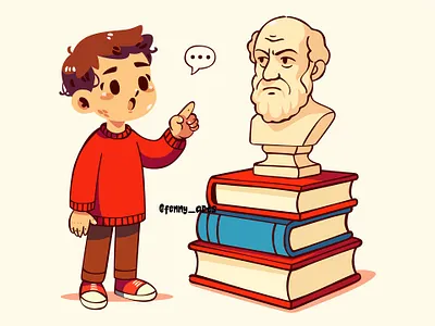 Cartoon Boy Pointing at Man Statue alphabet assortment book bookstore celebration concept culture day dictionary education event glossary knowledge learning novel reading study subject text world