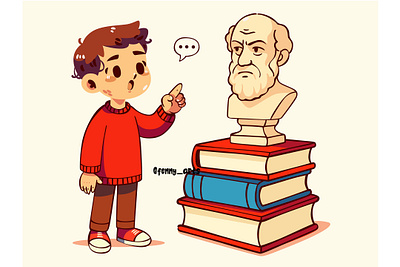 Cartoon Boy Pointing at Man Statue alphabet assortment book bookstore celebration concept culture day dictionary education event glossary knowledge learning novel reading study subject text world