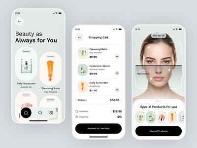 AI Beauty & Skin Care App UI ai beauty app android app app design app ui beauty beauty app design care app cosmetics app health app ios app design mobile app mobile app design mobile app ui mobile ui skin analysis skincare app skincare ui uix design