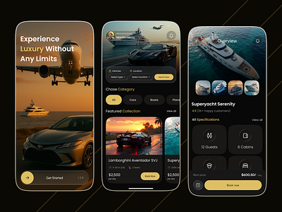 Prestige Picks Curated Luxury Car, Boat & Plane Rentals app interaction boat rental booking app car rental clean design concept design dark mode ui dashboard ui gold accents high end design luxury transport mobile app design modern ui private jet rental product design uiux design user experience user interface vehicle rental app web design