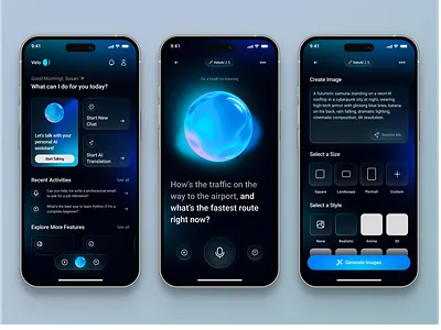 🤖 Velo – AI Chat Bot Mobile App ai art creator app ai chatbot ui ai ux design chatgpt mobile design conversational ui dark mode ui futuristic app generative ai design mobile ai interface ui voice assistant app