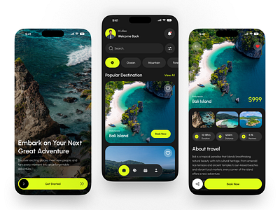 Travel Mobile App android appdesign balitravel bookingapp card ui destination home screen ios mobile app mobile ui design mobiledesign responsive design search travel app ui ui design uiux