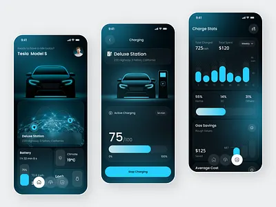 Electric Vehicle Charging App Design app design car car app dark ui electric car electric vehicle ev app ev charging green energy mobile mobile app parking sustainable transport