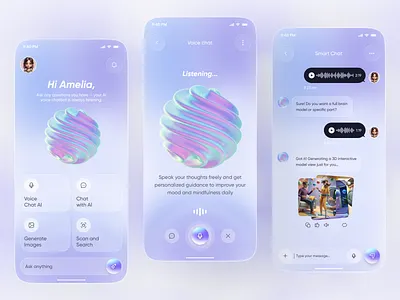 AI Voice Chat Assistant App 3d ui ai ai app ai chat app ai chat bot ai chatbot app app design artificial intelligence bot chat app design chatbot app futuristic ui mobile mobile app smart assistant ui design voice assistant voice ui