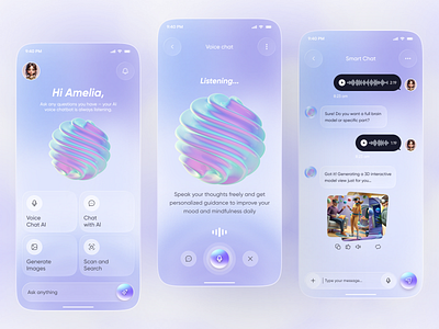 AI Voice Chat Assistant App 3d ui ai ai app ai chat app ai chat bot ai chatbot app app design artificial intelligence bot chat app design chatbot app futuristic ui mobile mobile app smart assistant ui design voice assistant voice ui