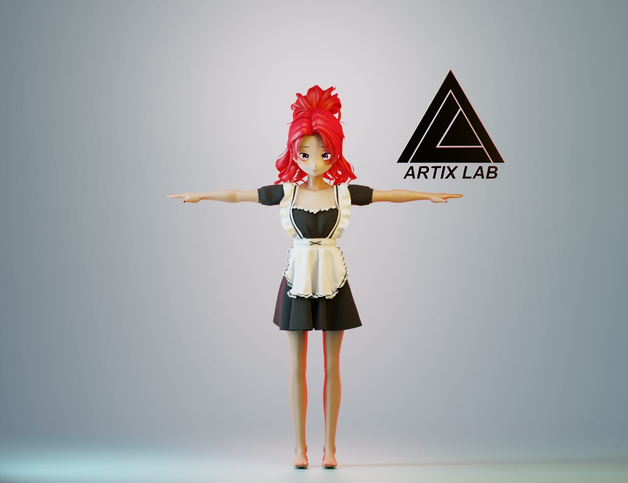 "The Red-Haired Attendant" 3dart 3dartist 3dcharacter 3dmodel 3dworld animestyle artixlab blender3d cgartist cgiart digitalsculpt maidcharacter maiddesign the red haired attendant virtualcharacter