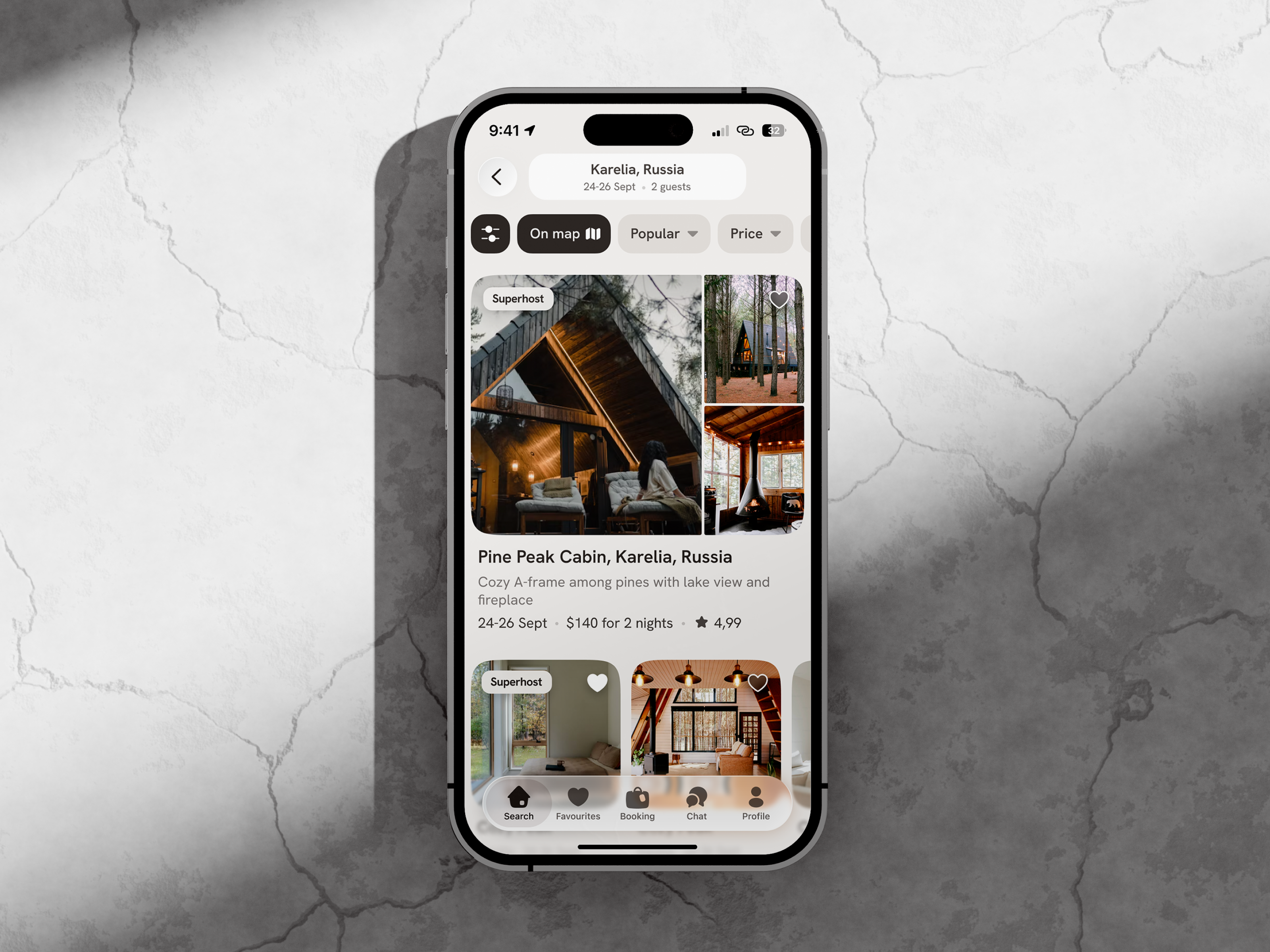 Modern Housing Rental Experience airbnb apple design booking cards filter housing rental ios 26 minimal design native app search