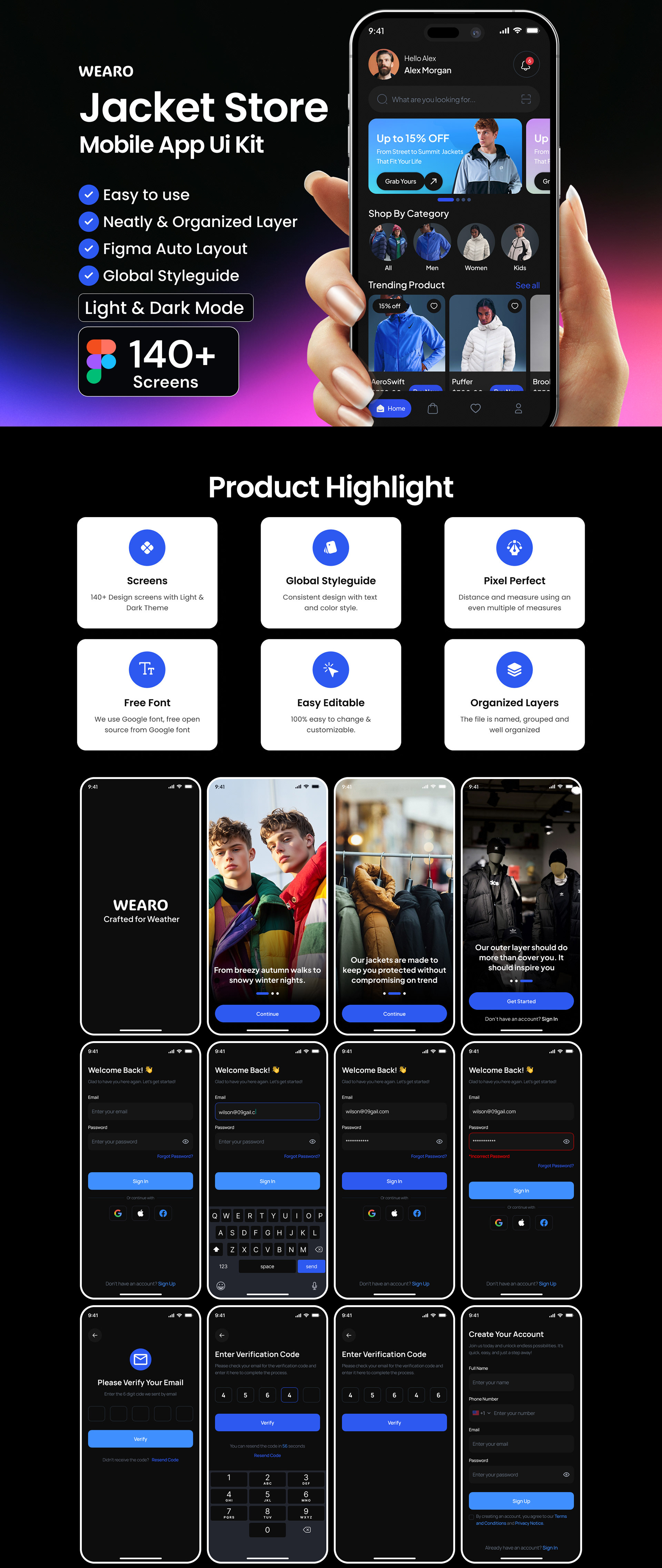 Wearo Jacket E-Commerce App Ui Kit app design design figma mobile app ui uiux user experience