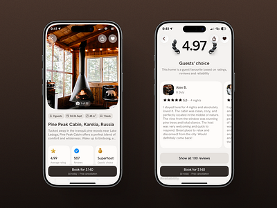 Booking hotel Native iOS 26 App cabin booking cards dark mode hotel booking ios 26 light mode liquid glass native app nav bar progressive blur ratings travel app