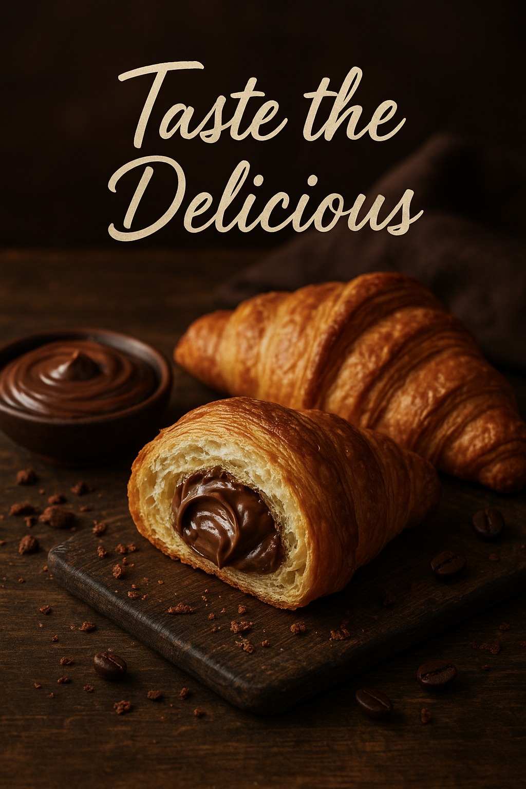 Chocolate-Filled Croissant Ad Design bakery cafe branding chocolate croissant croissant dessert food art food design food photography mouthwatering promotional design rustic style social media design sweet treats warm tones