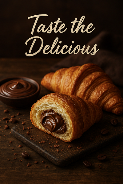 Chocolate-Filled Croissant Ad Design bakery cafe branding chocolate croissant croissant dessert food art food design food photography mouthwatering promotional design rustic style social media design sweet treats warm tones