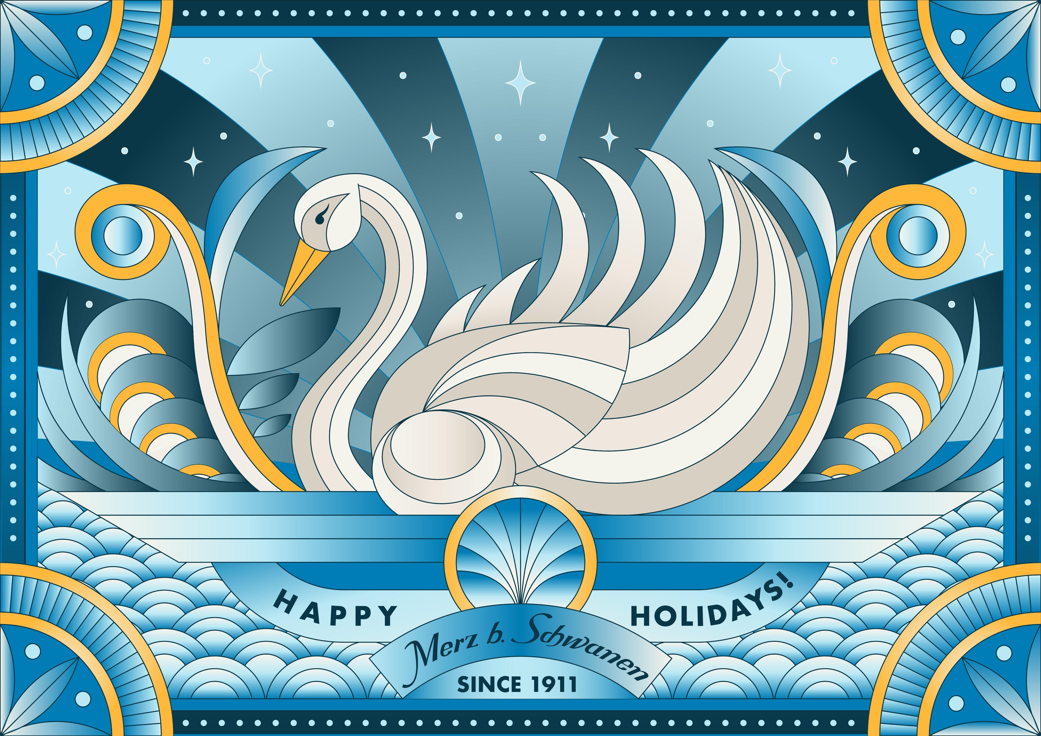 Merz b. Schwanen - Holidays Card art deco illustration blue and gold palette decorative composition digital craftsmanship elegant artwork fashion illustration geometric illustration hand drawn digital art heritage brand design holiday postcard illustrator artwork luxury brand design modern classic art ornamental design procreate illustrator art storytelling design swan illustration textile inspired art timeless aesthetics vintage design