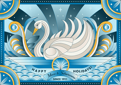 Merz b. Schwanen - Holidays Card art deco illustration blue and gold palette decorative composition digital craftsmanship elegant artwork fashion illustration geometric illustration hand drawn digital art heritage brand design holiday postcard illustrator artwork luxury brand design modern classic art ornamental design procreate illustrator art storytelling design swan illustration textile inspired art timeless aesthetics vintage design