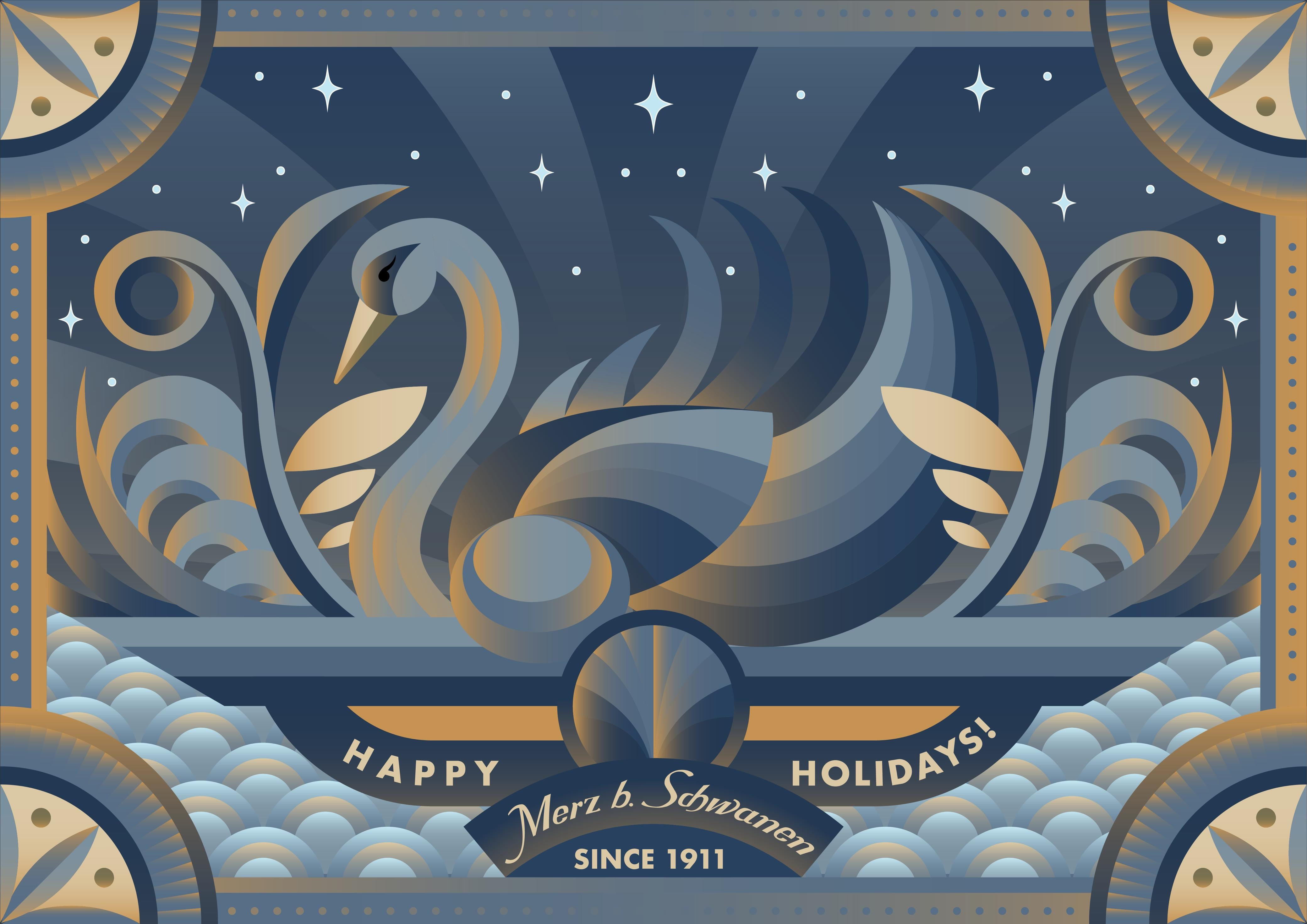 Merz b. Schwanen - Holidays Card art deco illustration blue and gold palette decorative composition digital craftsmanship elegant artwork fashion illustration geometric illustration hand drawn digital art heritage brand design holiday postcard illustrator artwork luxury brand design modern classic art ornamental design procreate illustrator art storytelling design swan illustration textile inspired art timeless aesthetics vintage design
