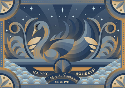 Merz b. Schwanen - Holidays Card art deco illustration blue and gold palette decorative composition digital craftsmanship elegant artwork fashion illustration geometric illustration hand drawn digital art heritage brand design holiday postcard illustrator artwork luxury brand design modern classic art ornamental design procreate illustrator art storytelling design swan illustration textile inspired art timeless aesthetics vintage design