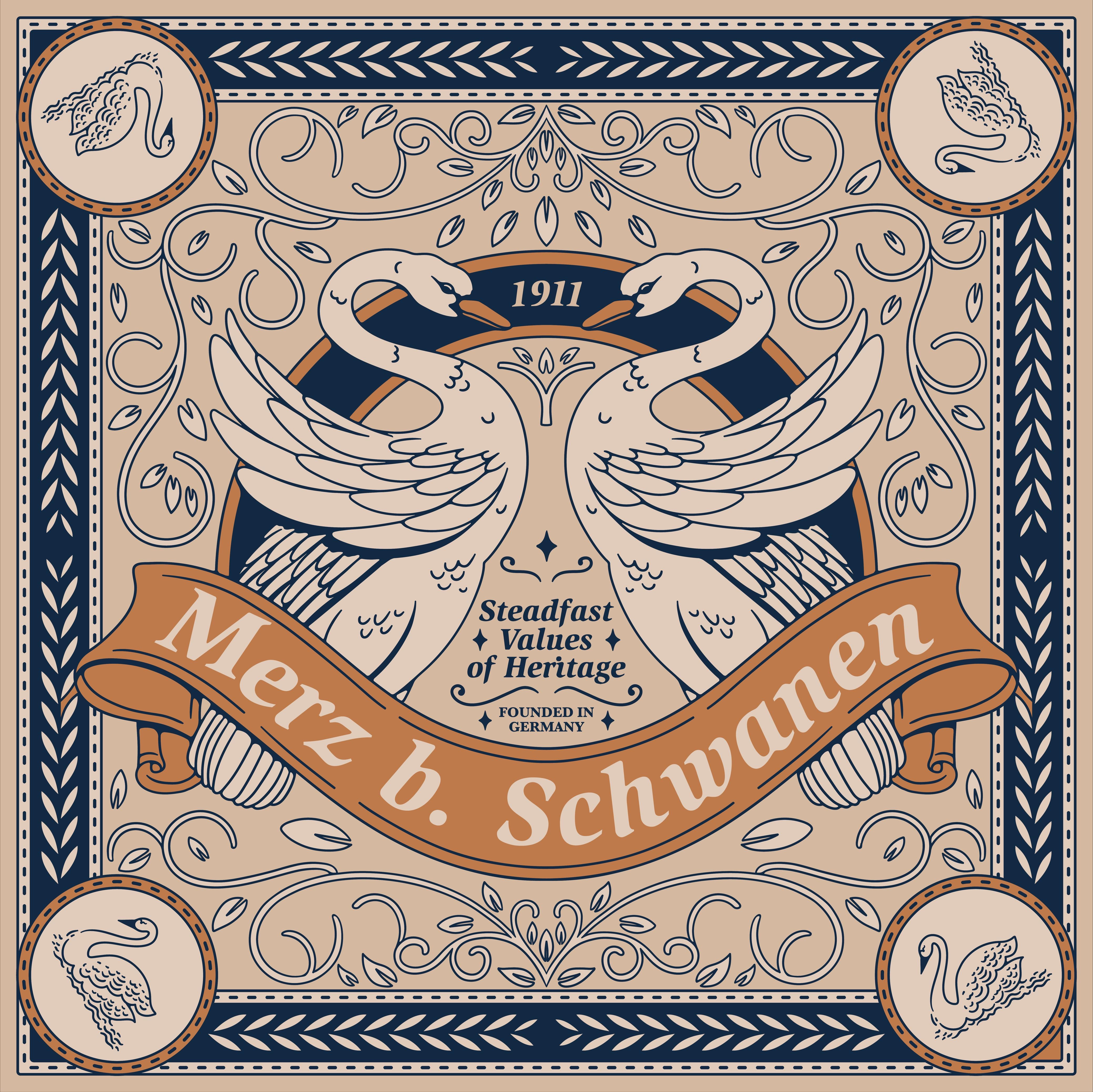 Merz b. Schwanen - Scarf Design art nouveau influence bandana illustration classic color palette decorative pattern art detailed linework elegant branding fashion accessory art german heritage brand hand drawn digital art heritage design luxury brand artwork ornamental illustration ornate composition procreate illustrator design scarf design storytelling design textile illustration traditional craftsmanship vintage illustration vintage typography