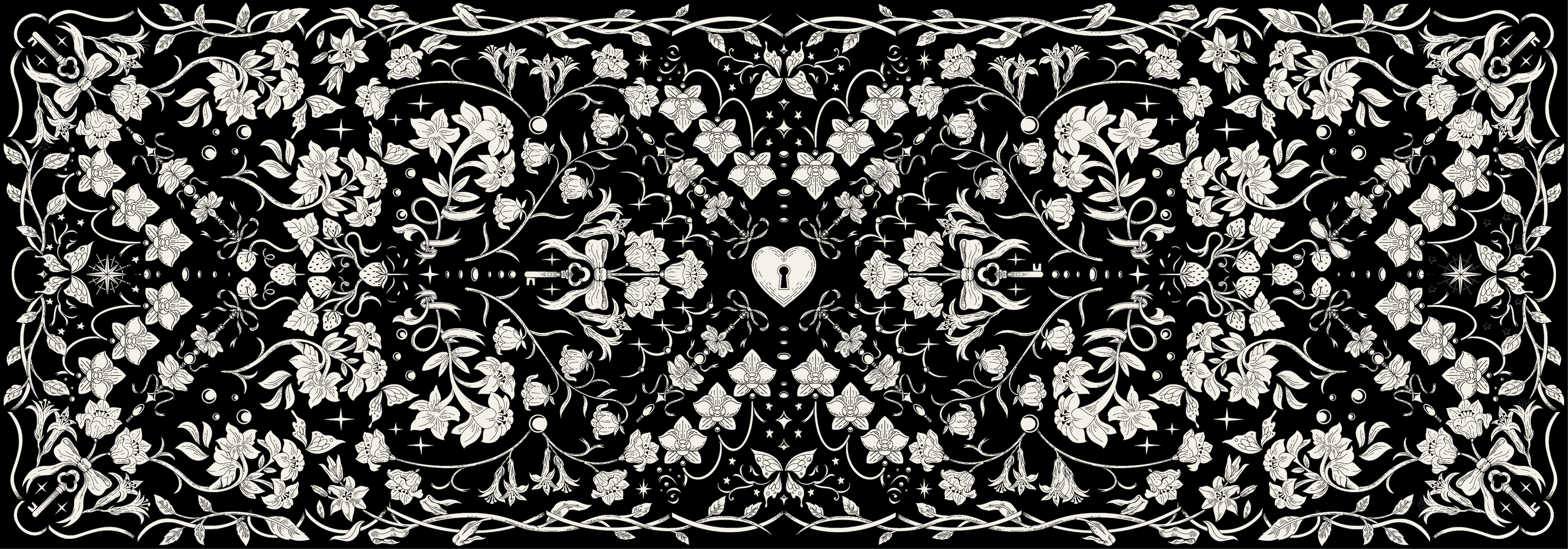 SOOF - Scarf Pattern Illustration black and white illustration bold contrast butterfly design dragonfly motif gothic romance hand drawn scarf key and heart motif mystical symbolism ornamental symmetry ornate linework poetic pattern procreate illustration romantic bandana scarf artwork statement accessory storytelling design tattoo inspired art timeless print victorian aesthetic vintage floral pattern