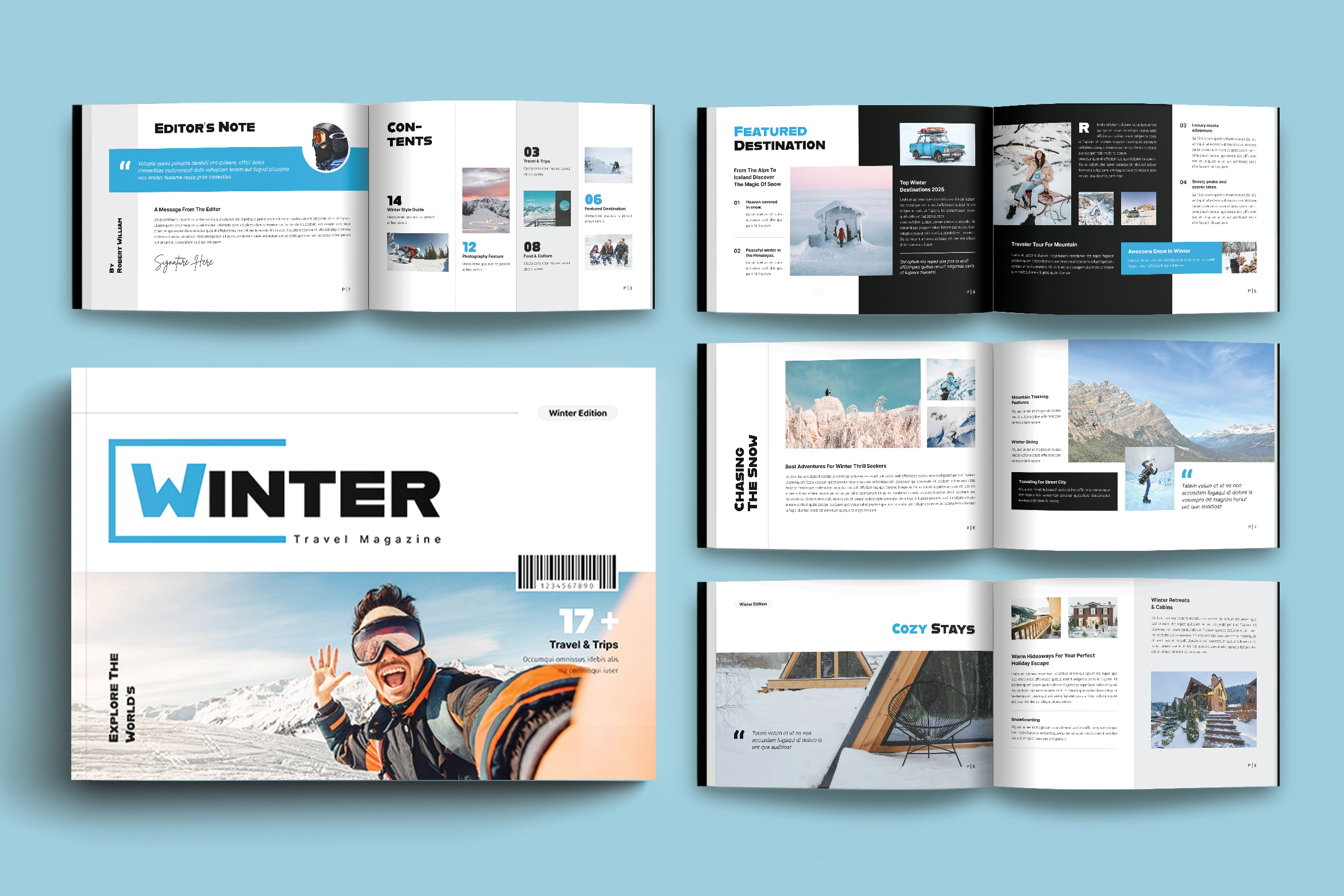 Winter Travel Magazine Template Landscape a4 agency app architecture branding brochure business corporate design illustration logo minimal ui