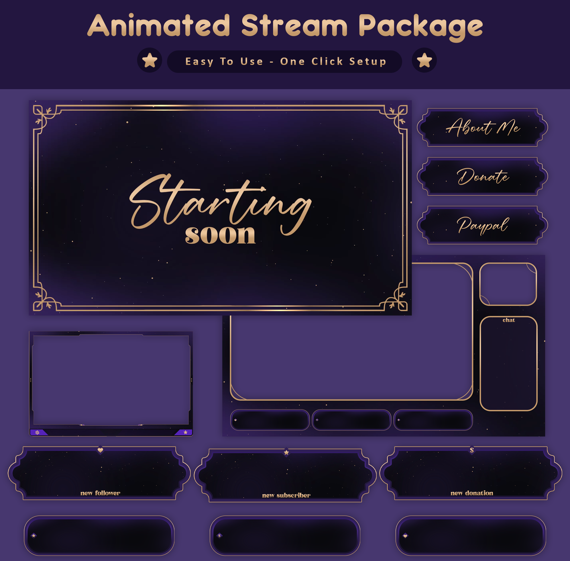 Royal Purple Night Animated Stream Package Overlay animated pack stream animated screens design kick overlay kick screens kick stream animated overlay livestream overlay overlay stream pack stream pack stream overlay stinger transition stream stream design stream overlay stream overlays stream pack streamlabs twitch twitch overlay