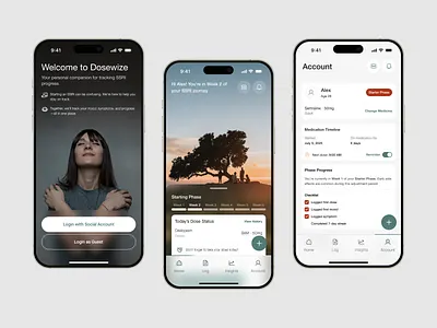 Dosewize - Medical Mental Health Tracking App ai chatbot ai mental health emotion flat green health assessment healthcare mental health mental health app mindfulness minimal mobile app mood mood tracker onboarding orange ui ui kit
