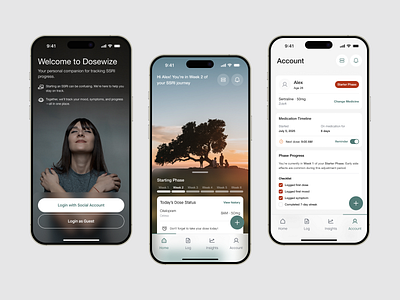 Dosewize - Medical Mental Health Tracking App ai chatbot ai mental health emotion flat green health assessment healthcare mental health mental health app mindfulness minimal mobile app mood mood tracker onboarding orange ui ui kit