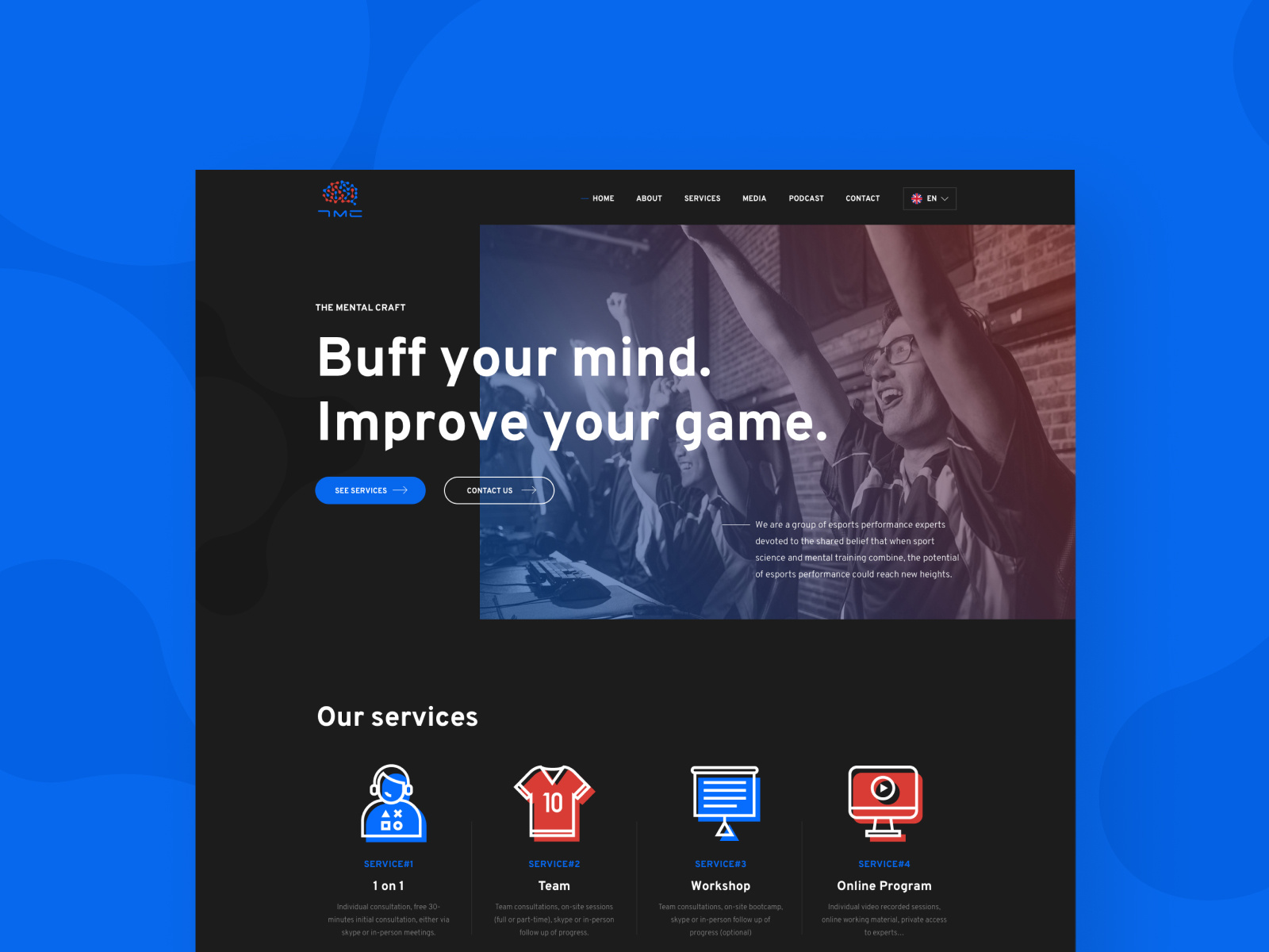 The Mental Craft - Homepage blue dark mode dark theme esports gamers gaming ggstudio homepage landing page mental health psychology red the mental craft ui ux web design website