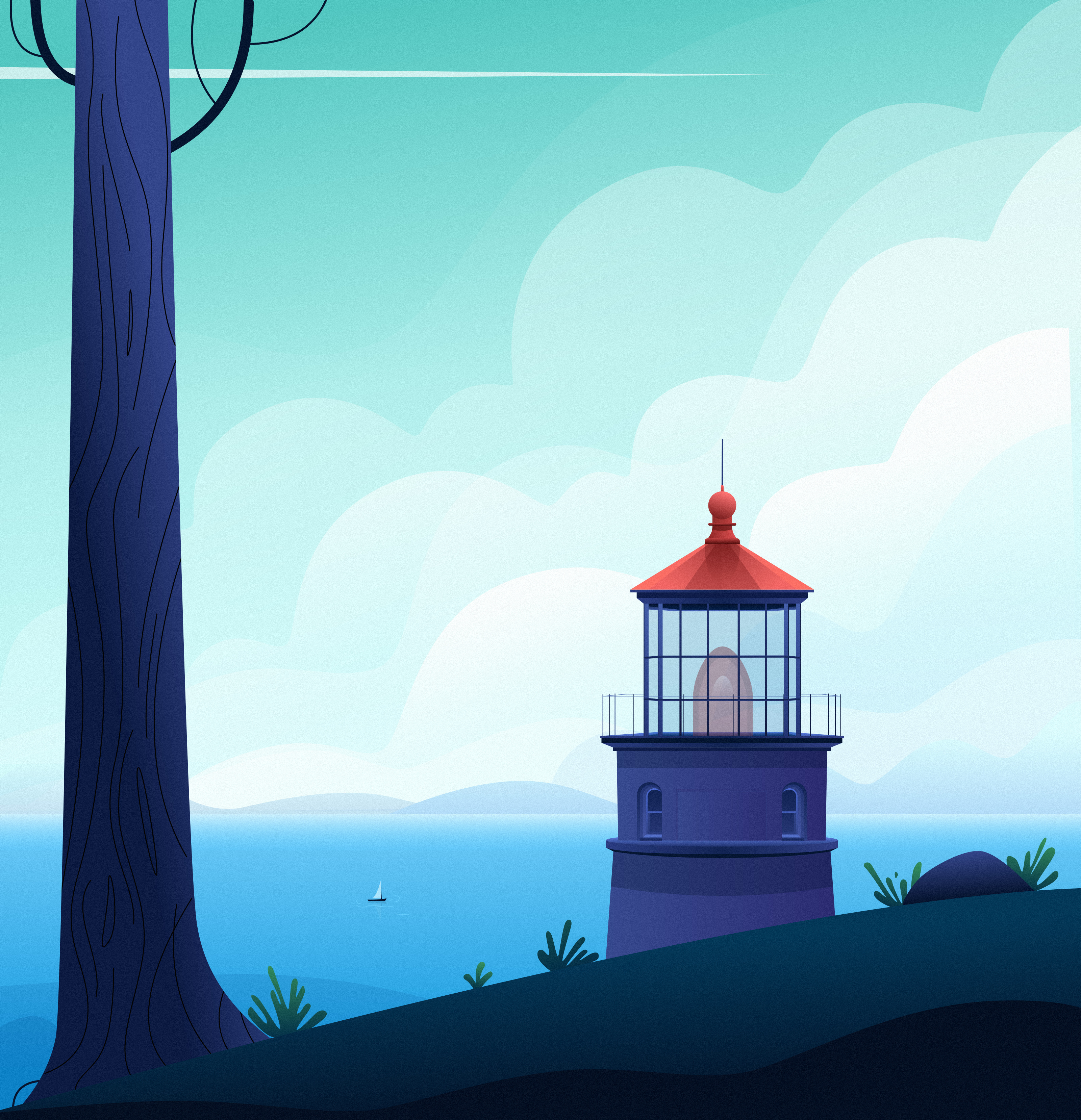 Distance art illustration blue cloud design digital art digital illustration draw grass green illustration lighthouse mountain nature painting red sailboat sky tree vector vector illustration