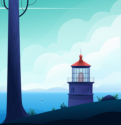 Distance art illustration blue cloud design digital art digital illustration draw grass green illustration lighthouse mountain nature painting red sailboat sky tree vector vector illustration