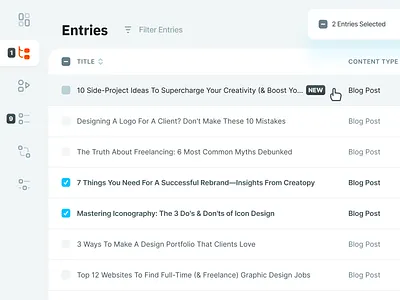 Contentstack Entries Table Details cms column content contentstack cursor entries hover row selected shadow simple subtle table text ui ux