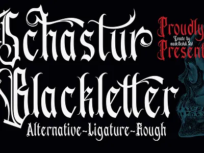 Schastur - Blackletter Typeface blackletter branding font decorative fantasy font fashion font halloween font headline font horror font logotype metal band font nightmare font oldenglish oldschool rough font tattoo font tribal font typography vintage font