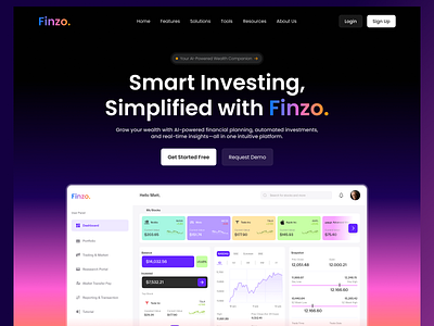 Finzo — AI-Powered Wealth Companion branding dashboarddesign design figma financial app fintech gradient graphic design ideapeel illustration landing page product product design sass design typography ui uidesign ux uxinspiration web design