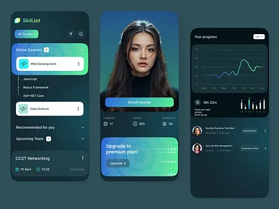 SkillJet – Modern E-Learning App Dashboard UI app appconcept courseapp darkmodeui dashboarddesign educationapp elearning learningmanagement learningplatform minimaldesign mobile mobileappdesign mobileui modernui onlinelearning smartlearning studentdashboard studyapp uiux uiuxdesign