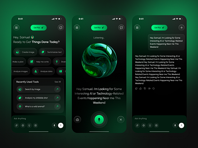 AI Chatbot Mobile App aiapp aichatbot aiux artifical intelegance chat app chatappdesign chatbot darkmodeui designinspiration figmadesign iosui minimalui mobiledesign smartassistant uxui voicechatapp