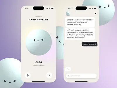 Coach Voice Call & Chat — Minimal iOS UI & Spline 3D Mascot 3d 3d mascot accessibility ai ai assistant ai coach app calm ui chat ui clean coaching app conversational ui gen z ios mascot mental fitness mobile mobile app product design spline voice call