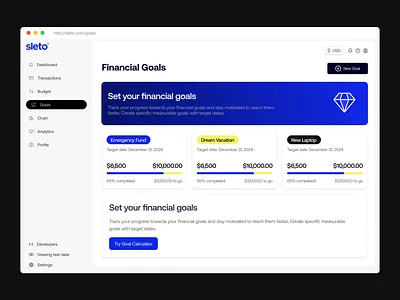 Sleto — Financial Goals Dashboard aero aerodesign analytics app design branding clean ui concept dashboard fintech fintech app framer product design sassapp ui uiux uxdesign web app web design webappdesign
