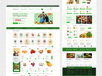 Freshment – Organic Grocery E-commerce Website Theme UI add to cart button blog section ui campaign section ui category navigation design customer review section discount badge design e commerce homepage e commerce ui design ecommerce website theme figma ecommerce template food delivery website footer design for ecommerce green theme website grocery store ui newsletter signup form organic grocery website product card design product grid ui responsive ecommerce design shopping cart ui